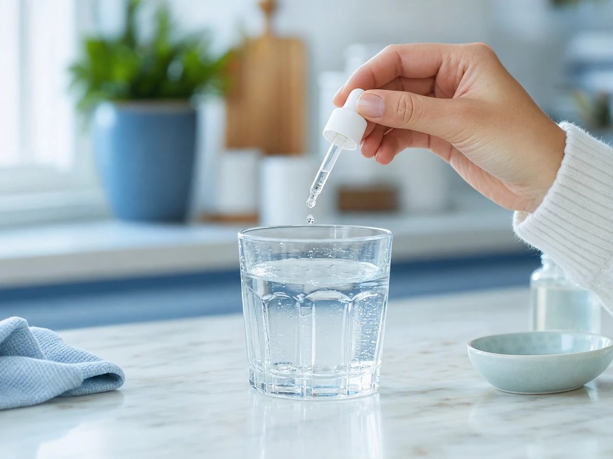 Uroferon gotas disueltas en un vaso de agua como rutina diaria para la próstata